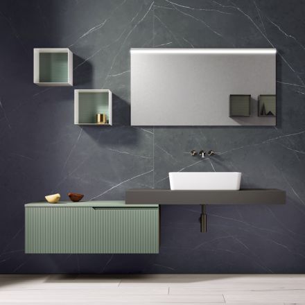 Composição de banheiro com espelho e móveis de parede de metal fabricados na Itália - Efesto Viadurini