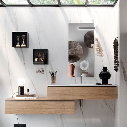 Composição de Banheiro com Espelho, Lavatório Resinado e Base Made in Italy - Palom Viadurini