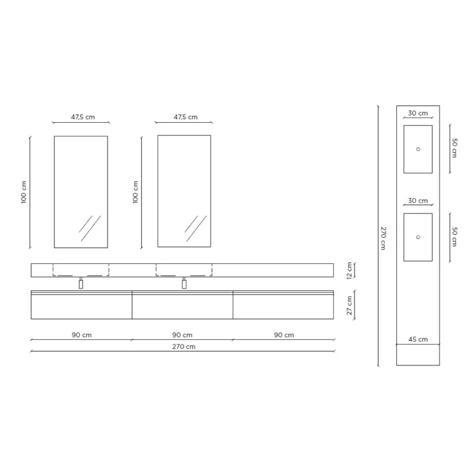 Composição de banheiro duplo com espelho retangular e lavatório Made in Italy - Palom Viadurini