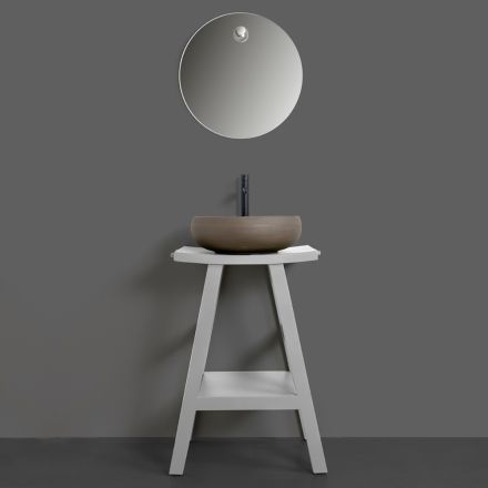Composição de banheiro cinza com espelho redondo e vários acessórios - Maryse Viadurini