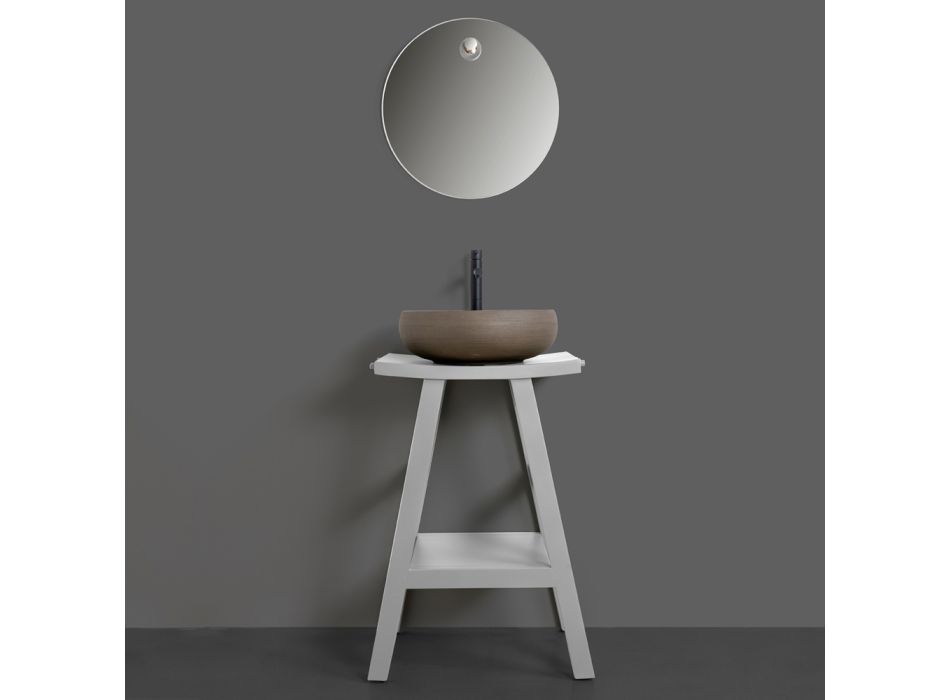 Composição de banheiro cinza com espelho redondo e vários acessórios - Maryse Viadurini
