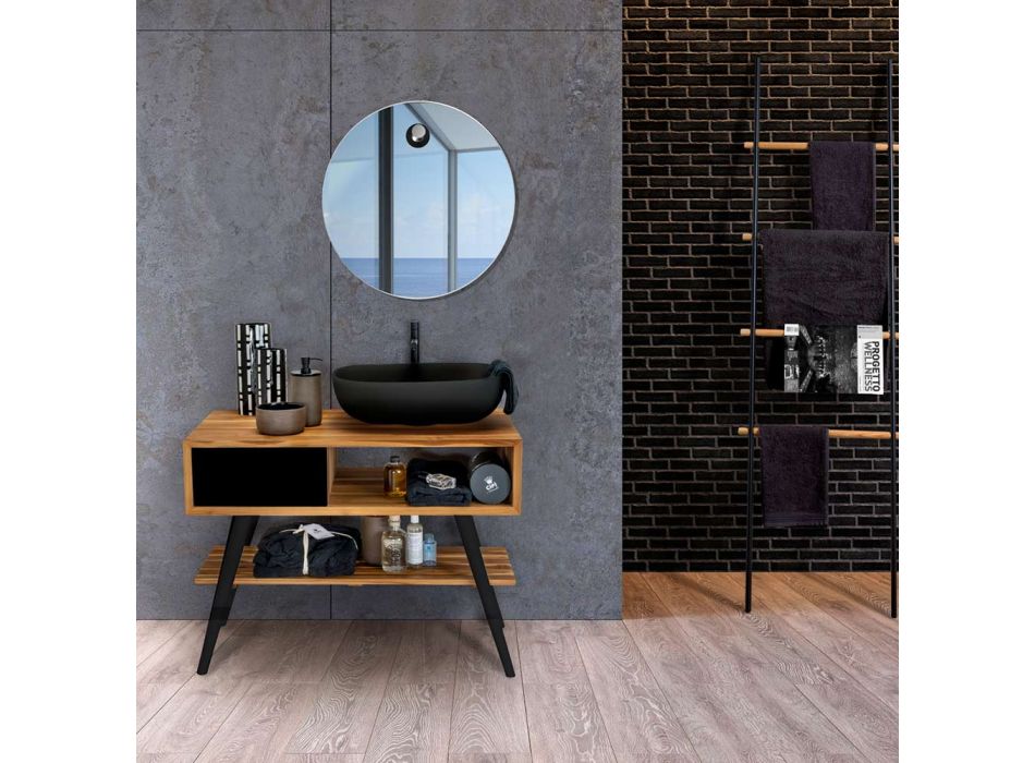 Composição de banheiro preto com armário de teca e acessórios de qualidade - Sylviane Viadurini