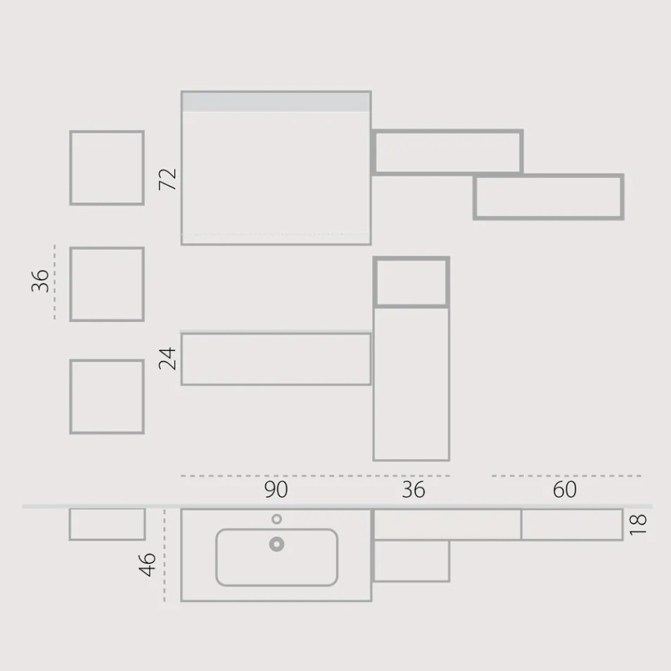 Composição de banheiro suspenso em fenix cinza fumê fabricado na Itália, Nápoles Viadurini