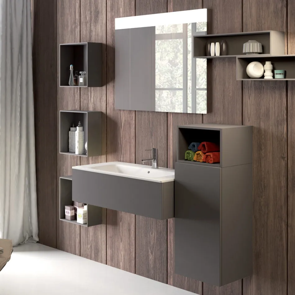 Composição de banheiro suspenso em fenix cinza fumê fabricado na Itália, Nápoles Viadurini