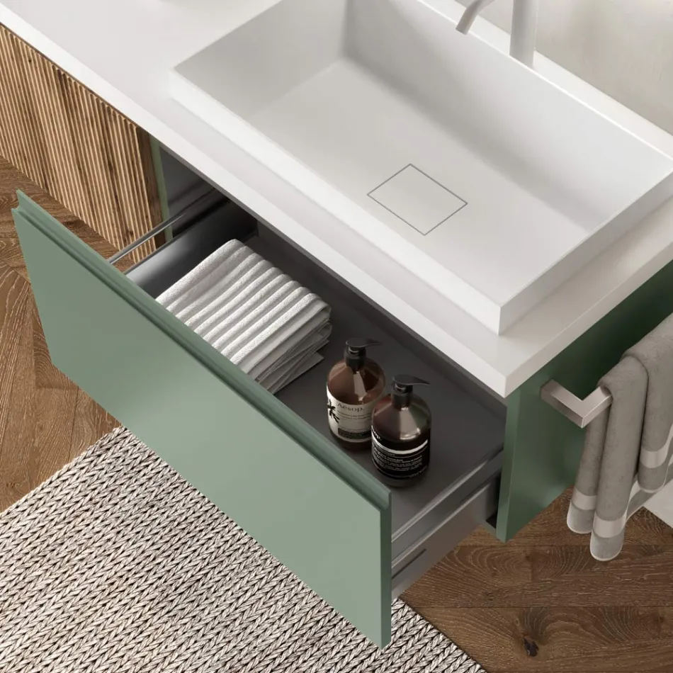 Composição de banheiro verde sálvia e carvalho cannettato fabricado na Itália - Urano Viadurini