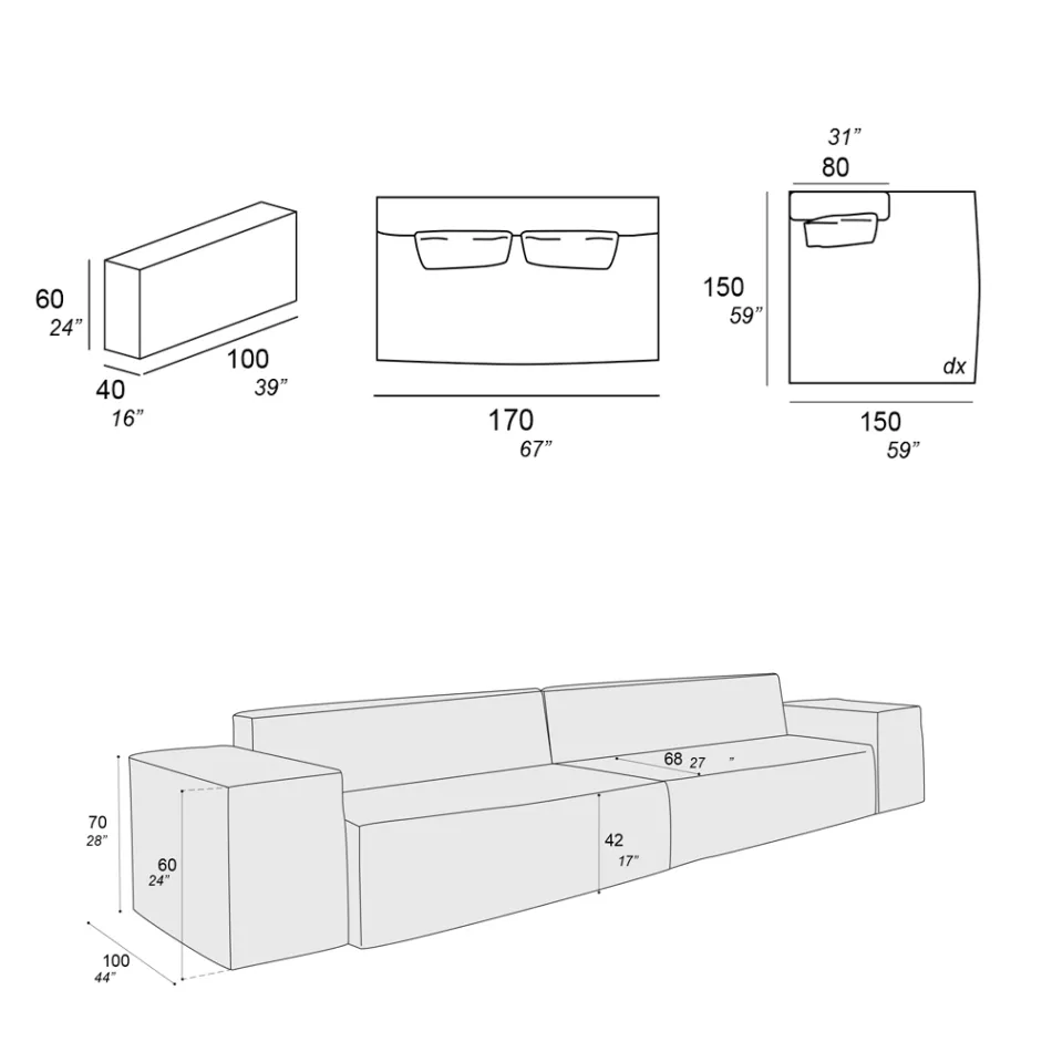 Composição de 1 Sofá, 1 Apoio de Braço e 1 Península – Bizarro Viadurini