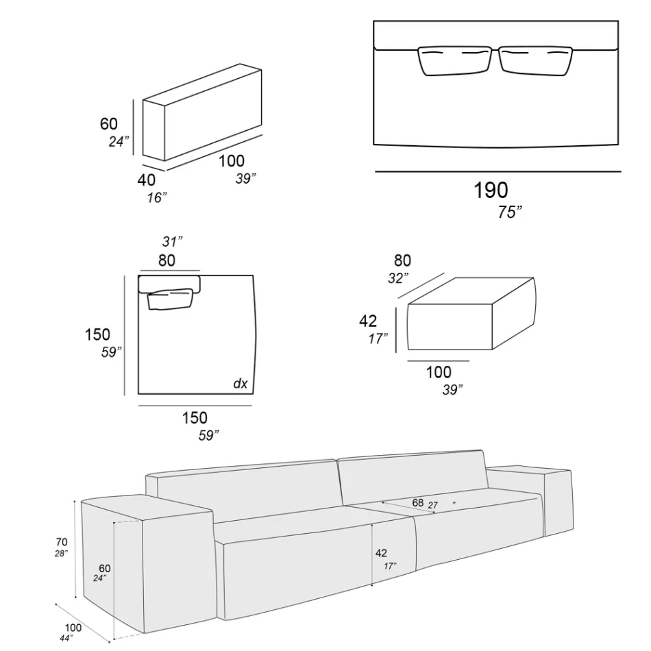 Composição de 1 Pufe com Encosto, 1 Pufe e 1 Península - Bizarro Viadurini
