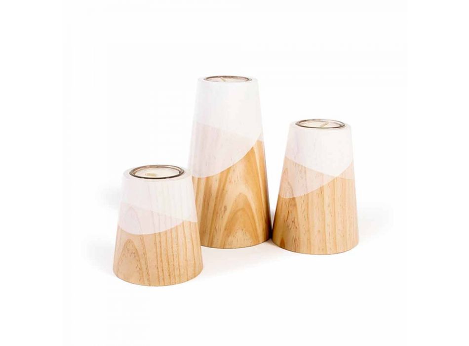 Composição de 3 castiçais modernos em madeira maciça de pinho - branco Viadurini