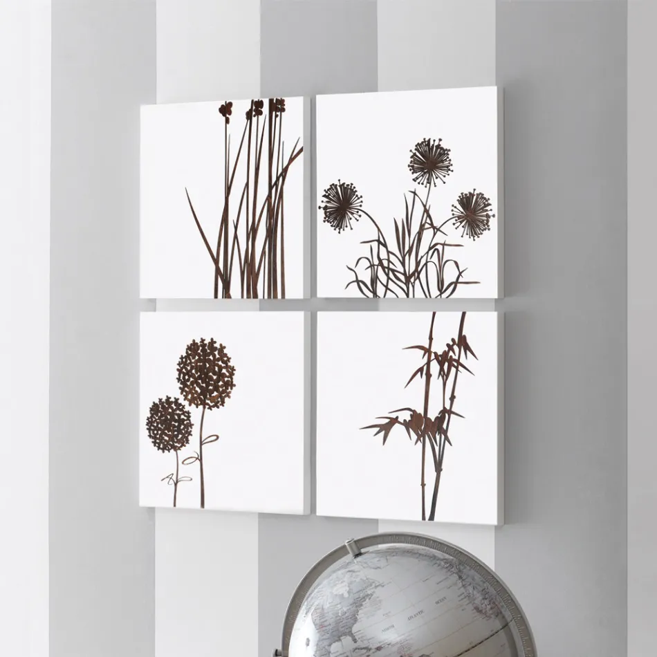 Composição de 4 Painéis com Hortênsias, Allium e Thypha Made in Italy - Cálculo Viadurini