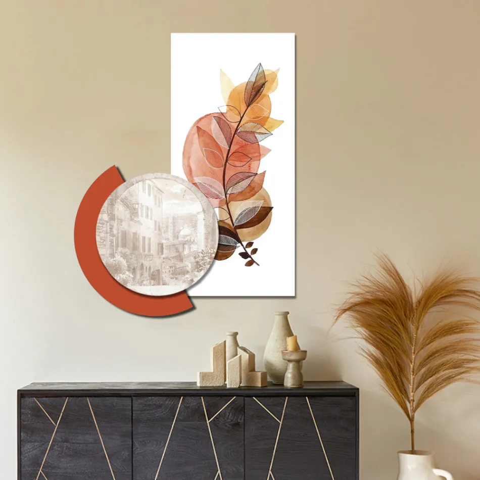 Composição de pinturas em madeira com estampas de cidades e galhos feitas na Itália - Chile Viadurini