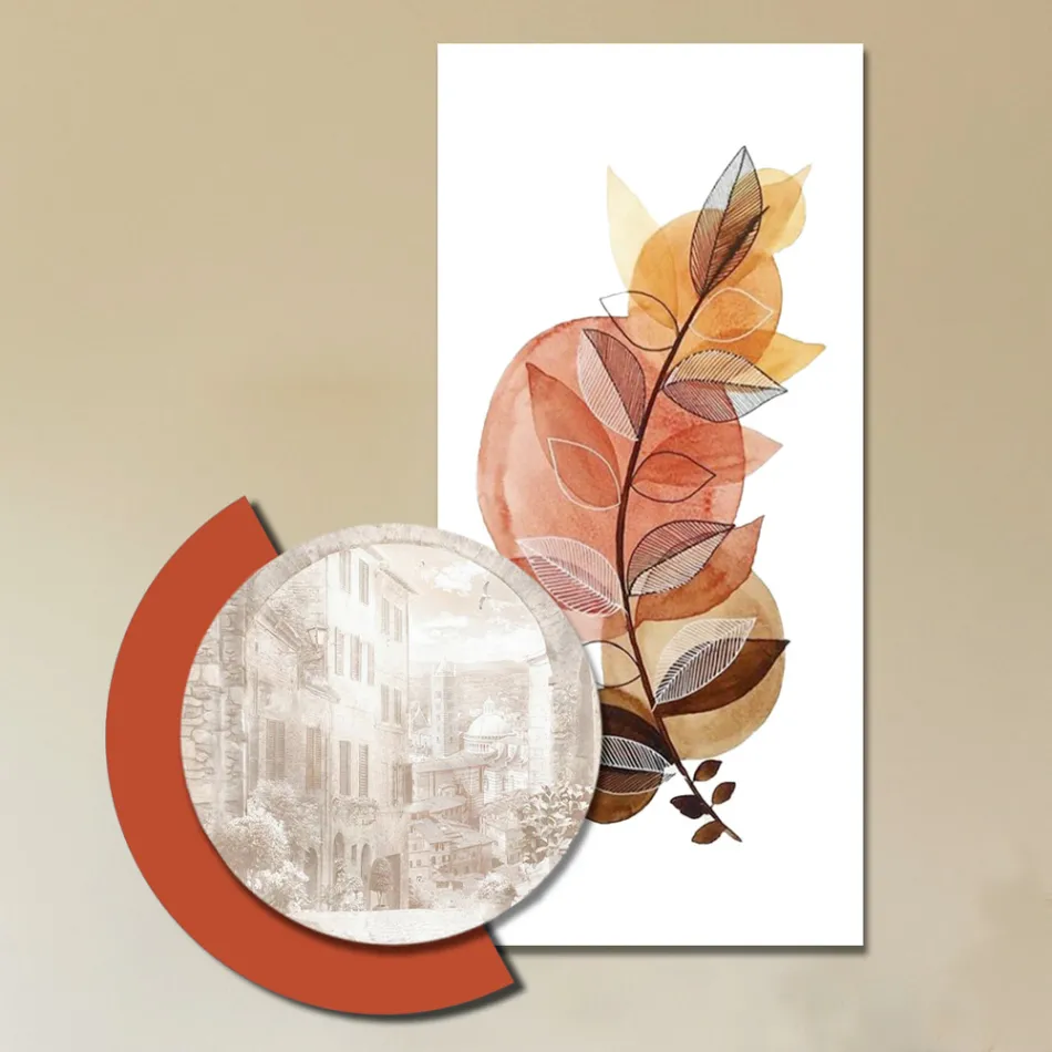 Composição de pinturas em madeira com estampas de cidades e galhos feitas na Itália - Chile Viadurini