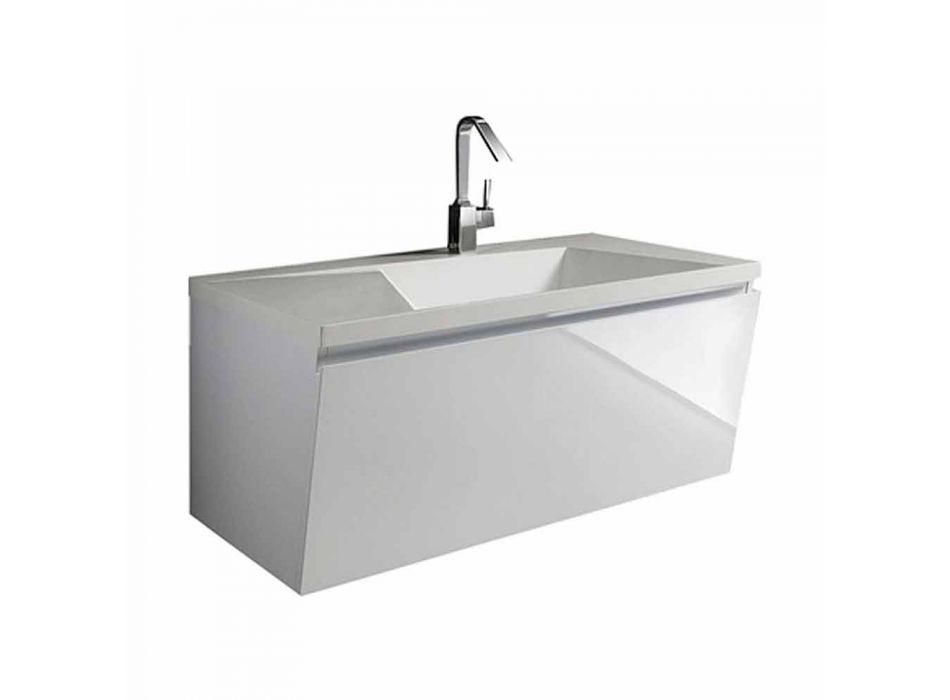 Composição de mobiliário de banheiro suspenso de design moderno branco com espelho - Desideria Viadurini