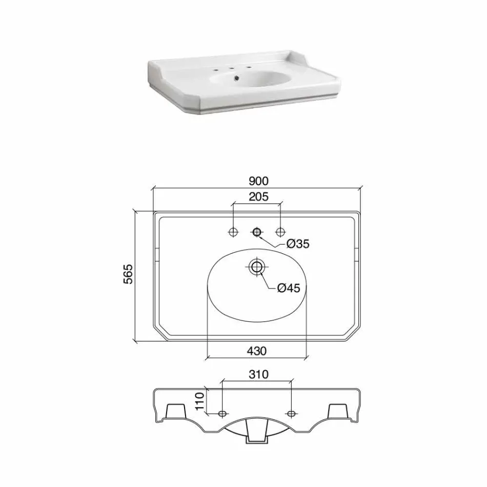 Console de banheiro vintage de 90 cm, em cerâmica branca, com pés fabricados na Itália - Nausica Viadurini