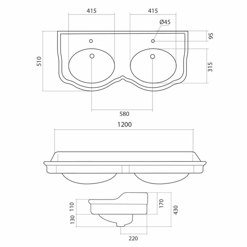 Console de banheiro clássico tigela dupla feita na Itália, Magda Viadurini