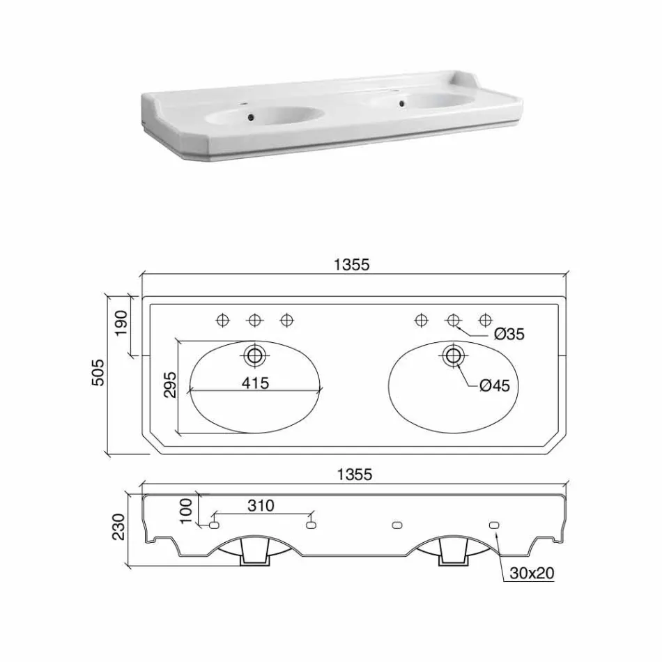 Consola de banho L 135 cm com lavatório duplo em cerâmica Made in Italy - Nausica Viadurini