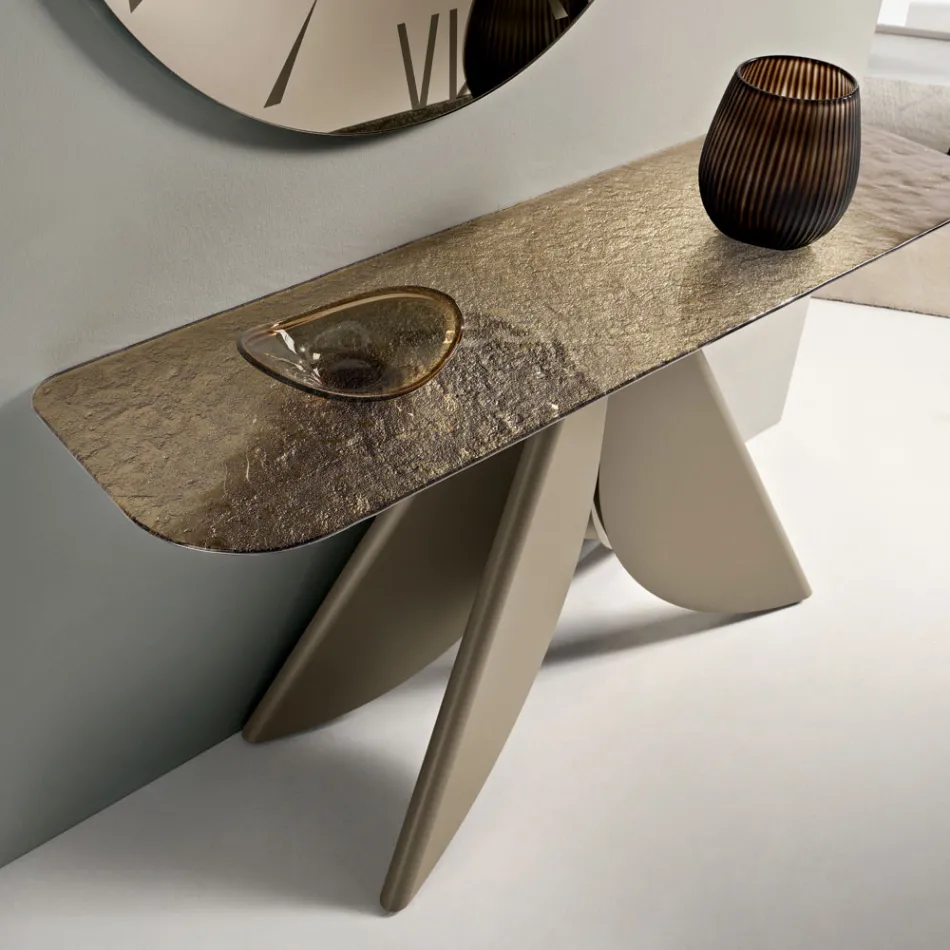 Mesa de console para sala de estar em metal com tampo de vidro martelado prateado - Cristina Viadurini