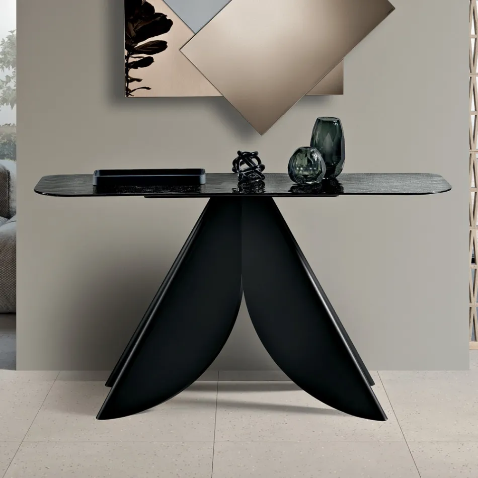 Mesa de console para sala de estar em metal com tampo de vidro martelado prateado - Cristina Viadurini