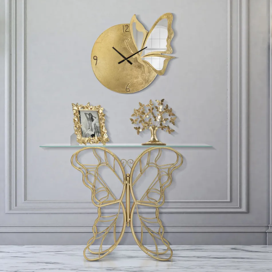 Console de ferro com acabamento dourado com tampo de vidro transparente - Farella Viadurini