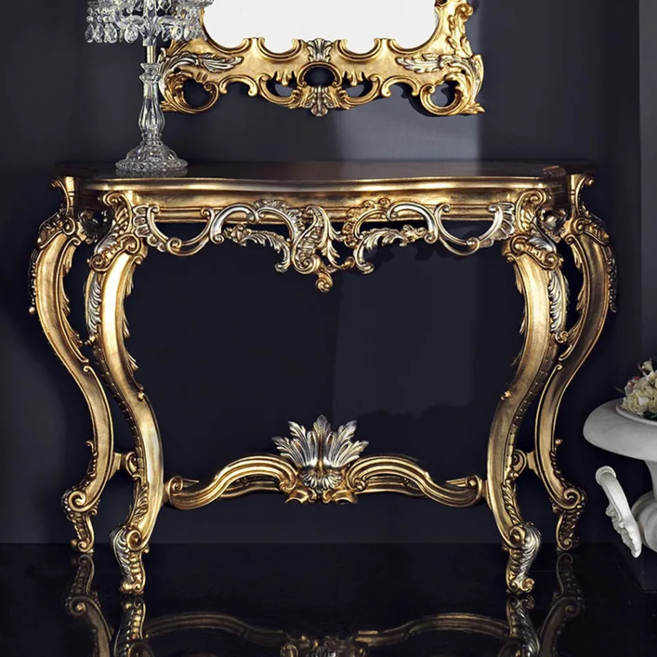 Mesa de consola clássica em madeira com detalhes em folha, fabricada na Itália pela Andrea. Viadurini