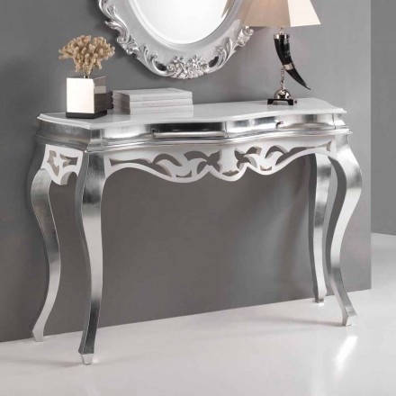 Mesa de console de madeira de estilo clássico, acabamento Creti prata e branco Viadurini