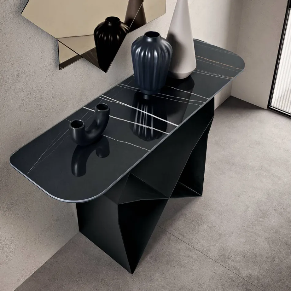 Mesa de consola Concordia em metal com tampo em cerâmica com efeito mármore, fabricada na Itália. Viadurini