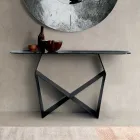 Mesa de consola em metal com tampo de vidro martelado e acabamento prateado na parte traseira - Concordia Viadurini