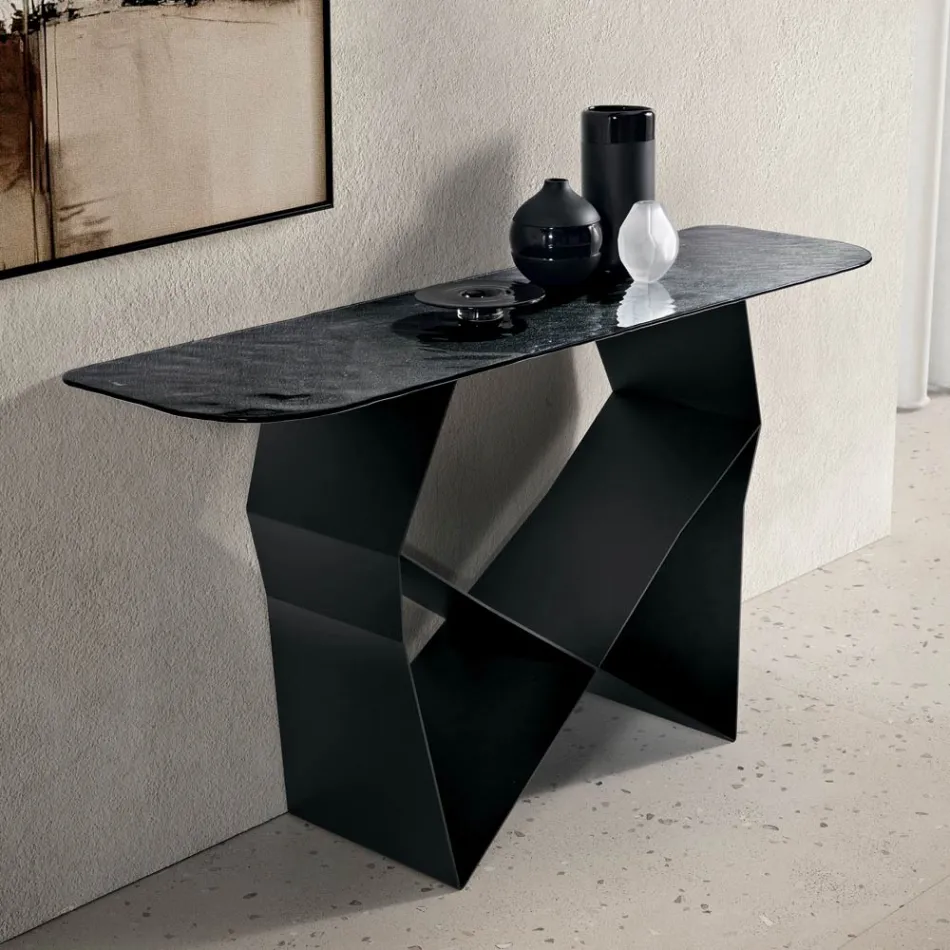 Mesa de consola em metal com tampo de vidro martelado e acabamento prateado na parte traseira - Concordia Viadurini