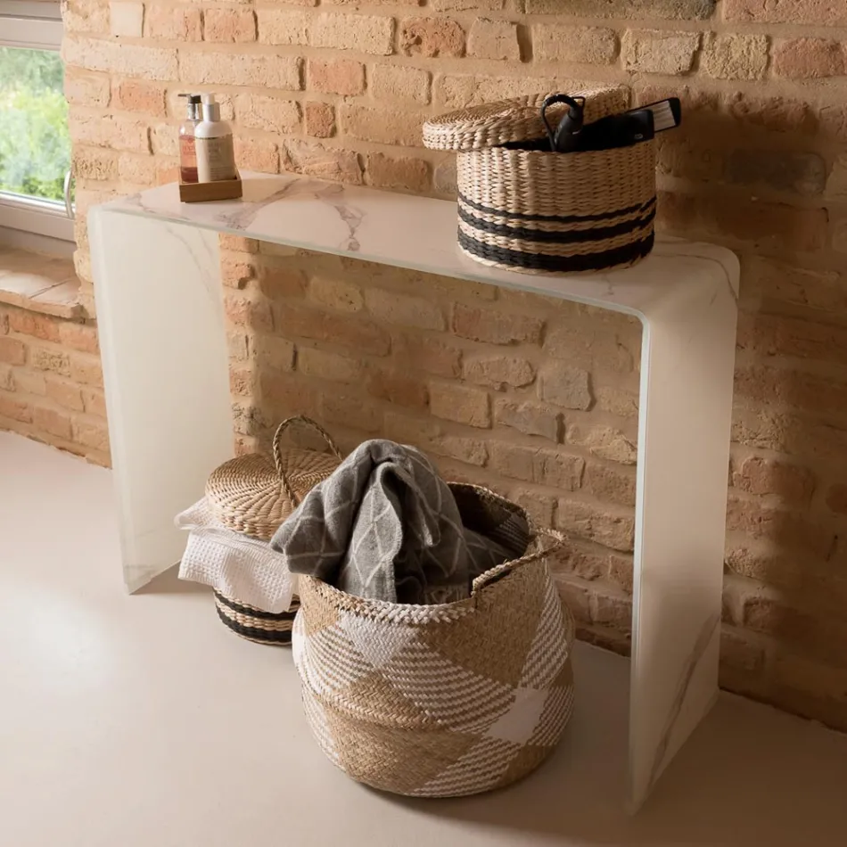 Mesa de consola em vidro curvo temperado de 10 mm com efeito mármore - Agordo Viadurini