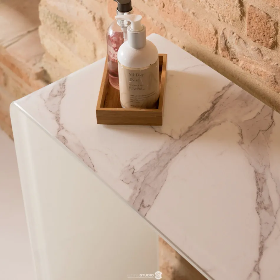 Mesa de consola em vidro curvo temperado de 10 mm com efeito mármore - Agordo Viadurini