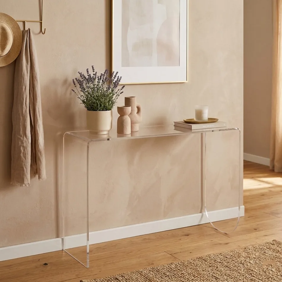 Mesa de consola Alarico em acrílico transparente com design moderno, fabricada na Itália. Viadurini