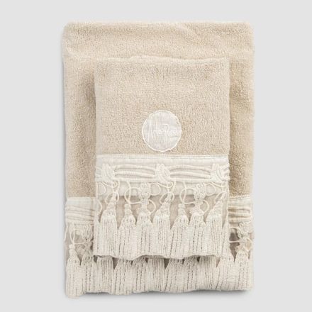 Par de toalhas de rosto e convidados em algodão turco com borlas de renda - Arafico Viadurini