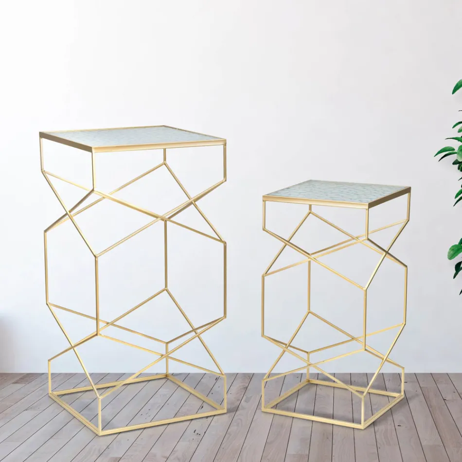 Par de Mesas Telefônicas Quadradas em Ferro Dourado e Tampo de Vidro - Papa Viadurini