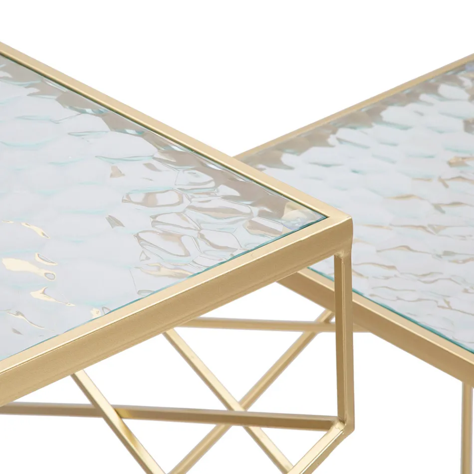 Par de Mesas Telefônicas Quadradas em Ferro Dourado e Tampo de Vidro - Papa Viadurini