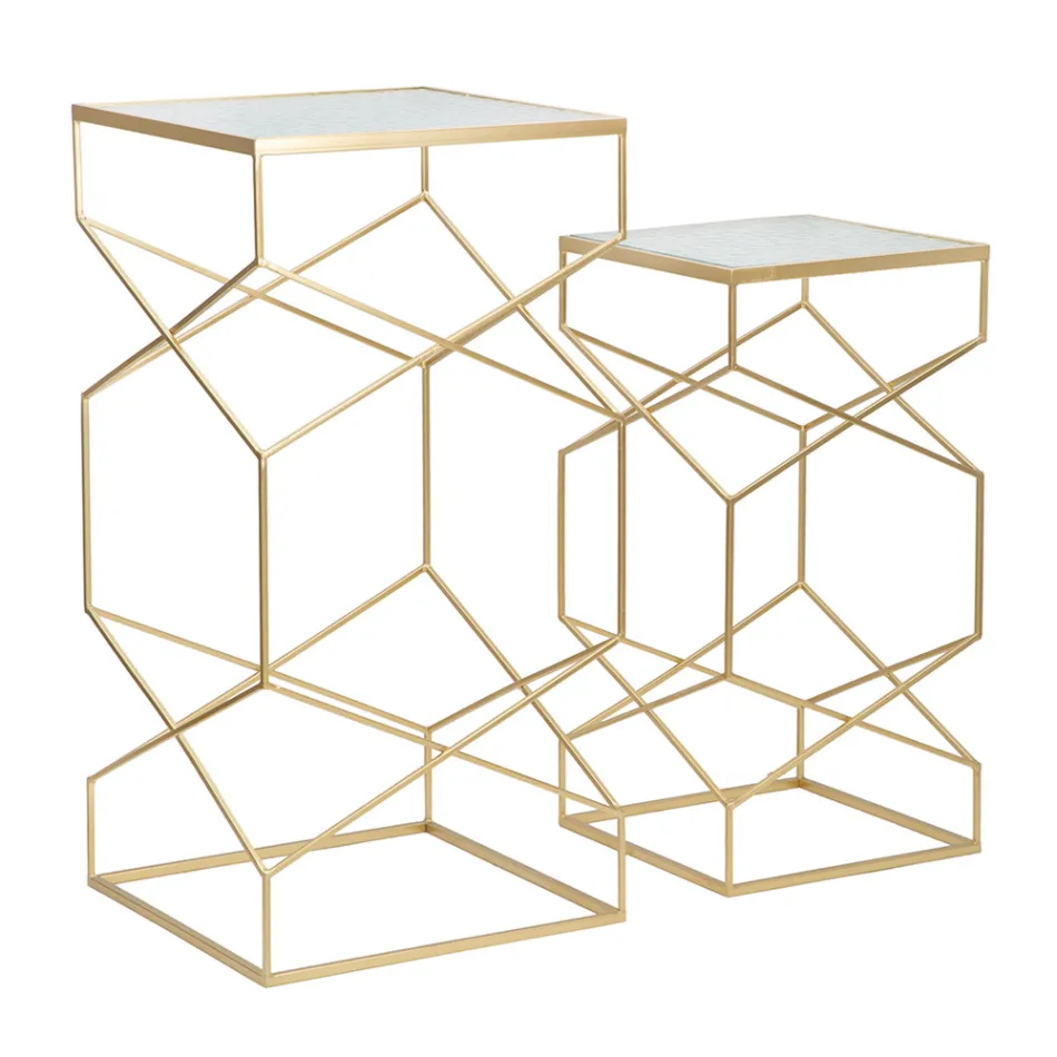 Par de Mesas Telefônicas Quadradas em Ferro Dourado e Tampo de Vidro - Papa Viadurini