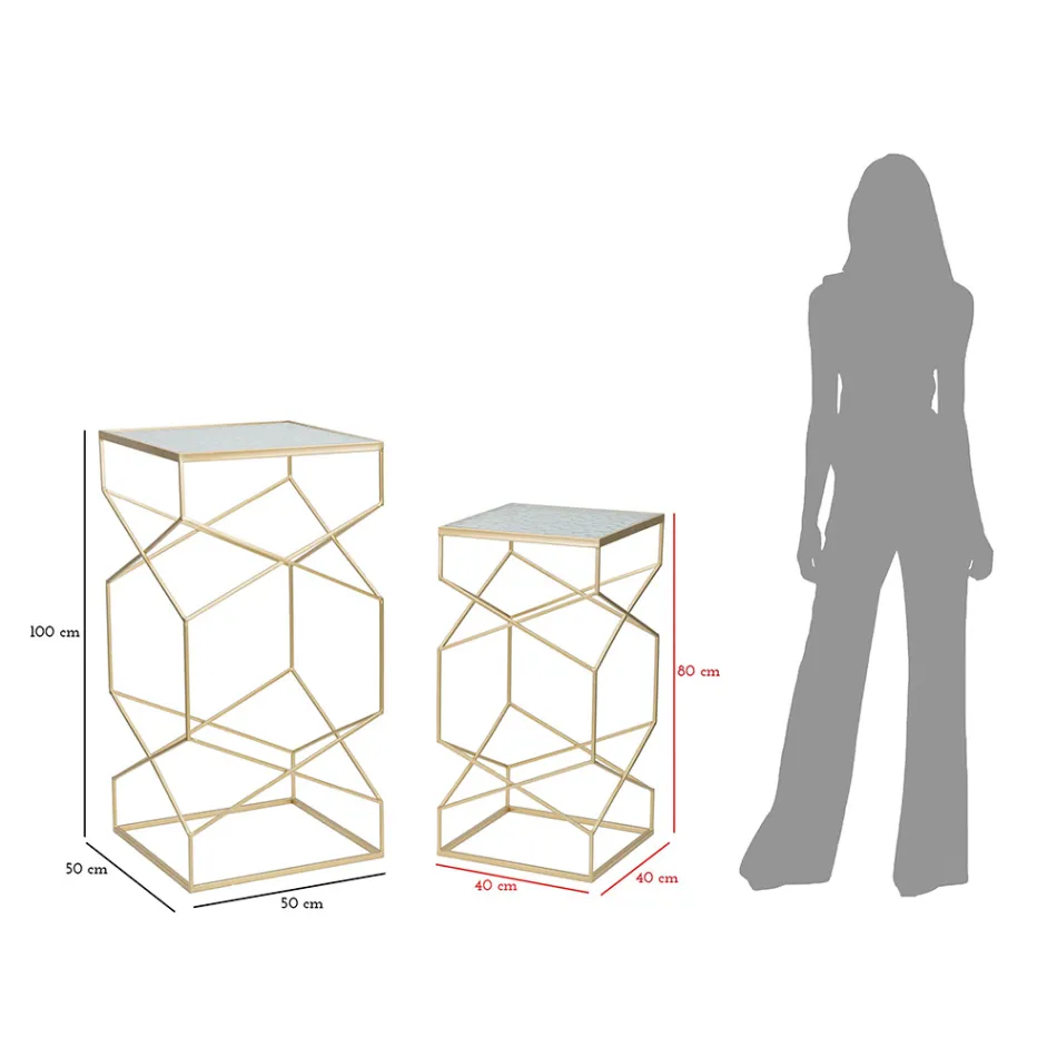 Par de Mesas Telefônicas Quadradas em Ferro Dourado e Tampo de Vidro - Papa Viadurini