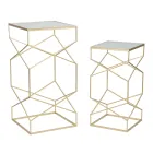 Par de Mesas Telefônicas Quadradas em Ferro Dourado e Tampo de Vidro - Papa Viadurini