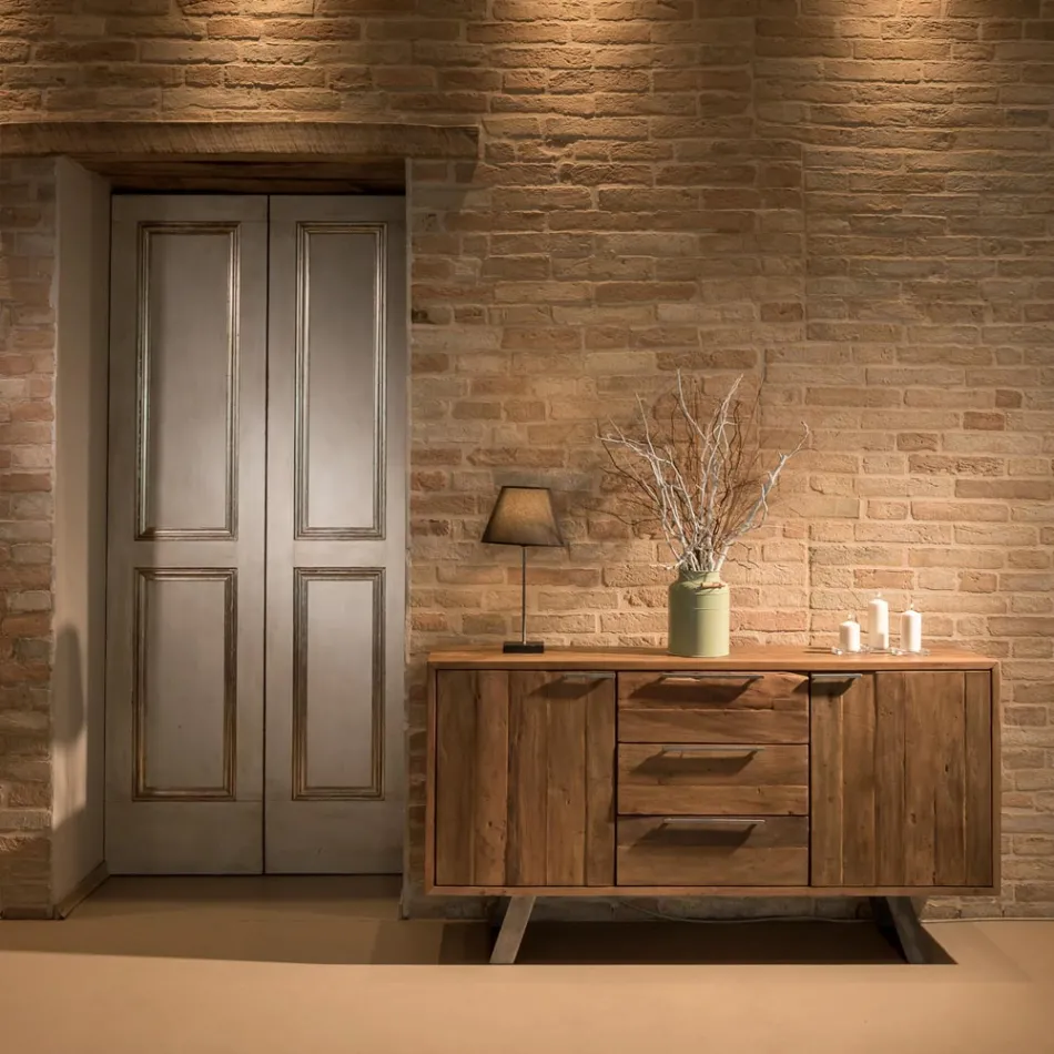 Aparador com 2 Portas e 3 Gavetas em Madeira Tropical Reciclada - Corrediça Viadurini