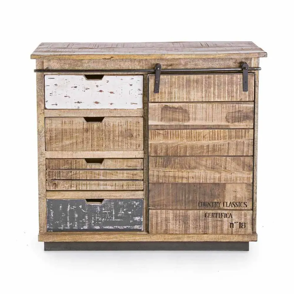 Aparador em Madeira e Aço com Porta e 4 Gavetas Estilo Industrial - Renza Viadurini