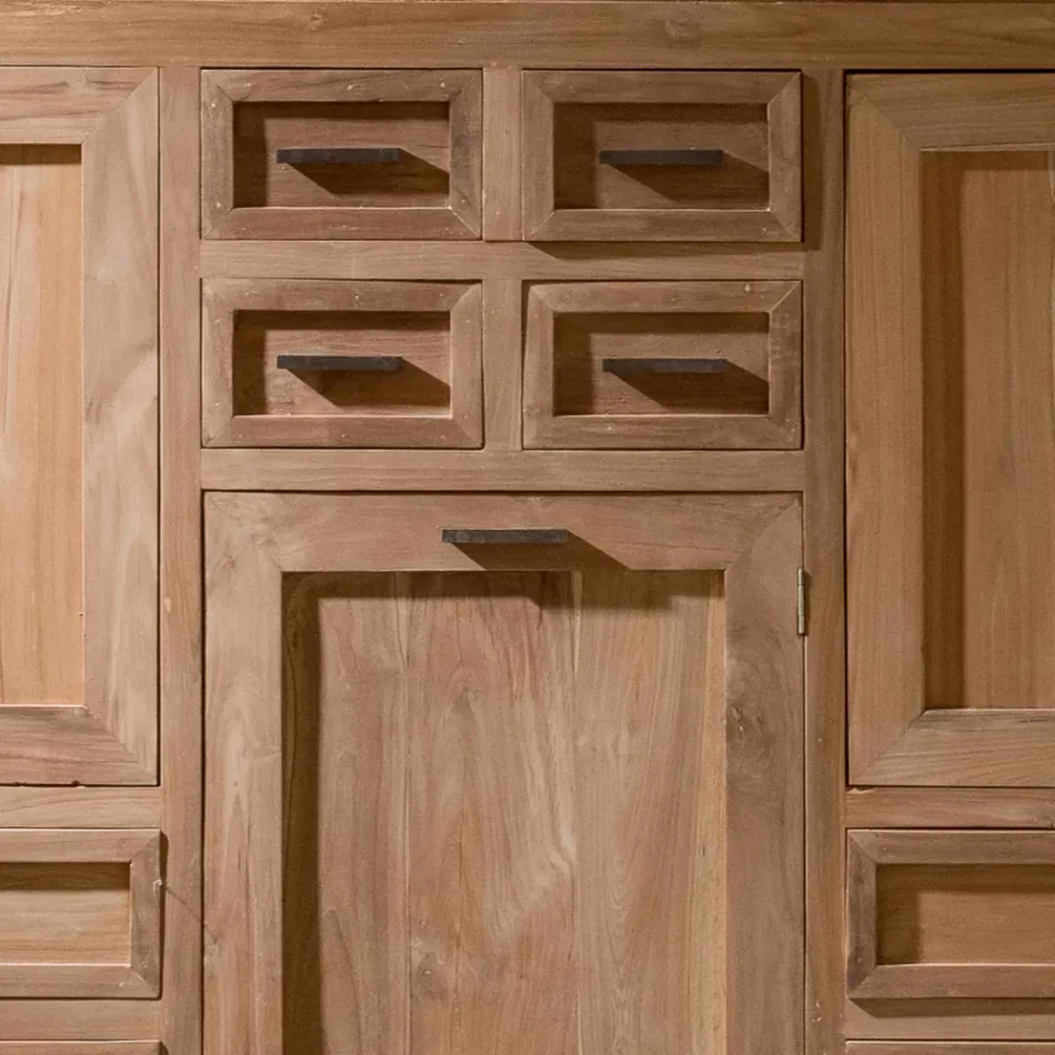 Aparador em teca maciça com 3 portas e 8 gavetas - Quan Viadurini