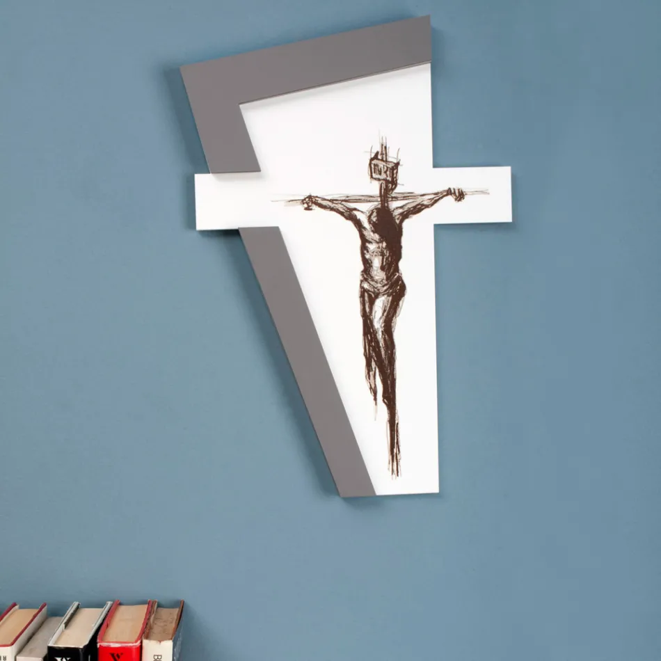 Crucifixo branco e cinza feito com gravação a laser feito na Itália - Egle Viadurini