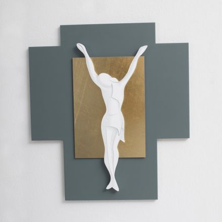 Crucifixo gravado a laser em cascalho e folha de ouro fabricado na Itália - Cornelia Viadurini