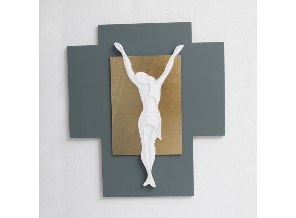 Crucifixo gravado a laser em cascalho e folha de ouro fabricado na Itália - Cornelia Viadurini