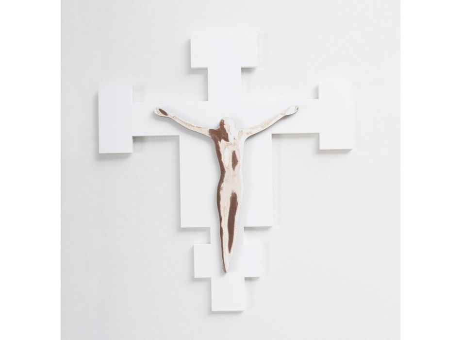 Crucifixo branco do Salvador gravado a laser feito na Itália - Glora Viadurini