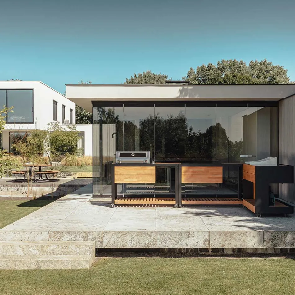 Cozinha de exterior 140x65x93 cm em teca maciça e alumínio - Convivial Viadurini