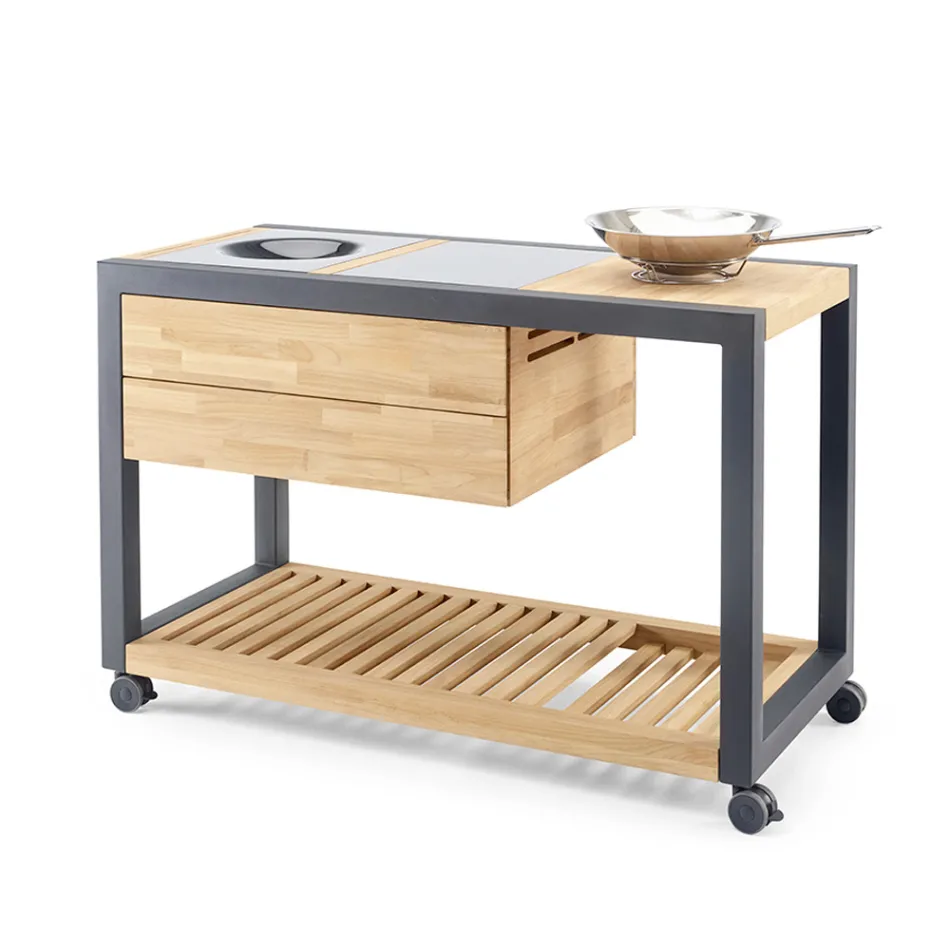 Cozinha de exterior 140x65x93 cm em teca maciça e alumínio - Convivial Viadurini