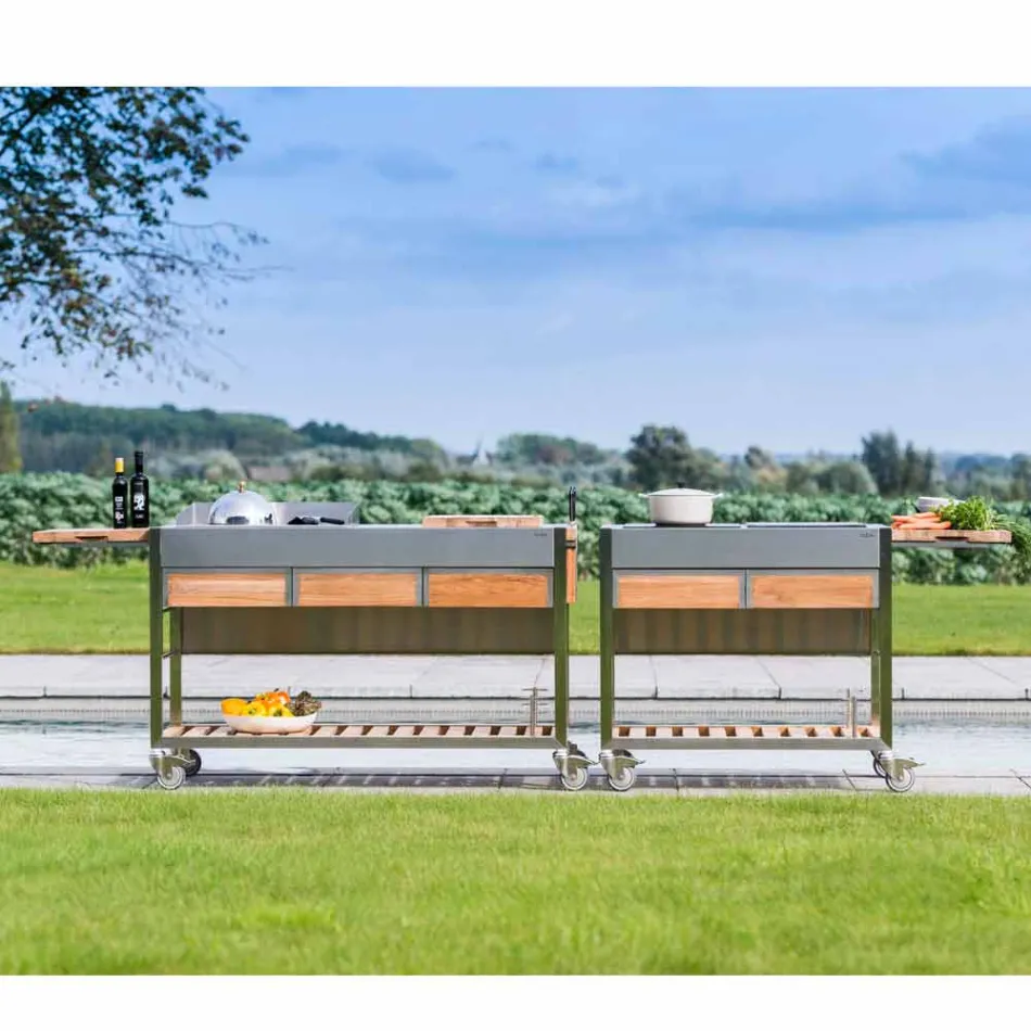 Cozinha ao ar livre moderna com rodas de madeira e aço - Buoncalliope Viadurini