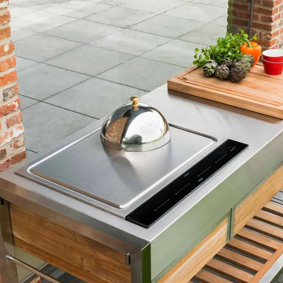 Cozinha ao ar livre moderna com rodas de madeira e aço - Buoncalliope Viadurini