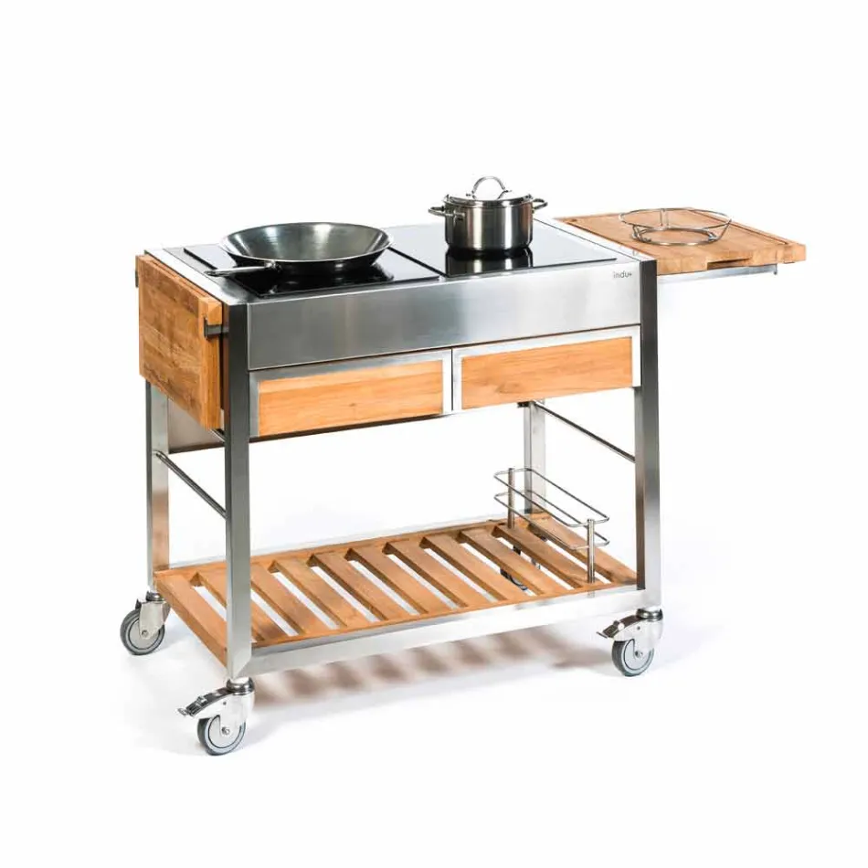 Cozinha ao ar livre moderna com rodas de madeira e aço - Buoncalliope Viadurini