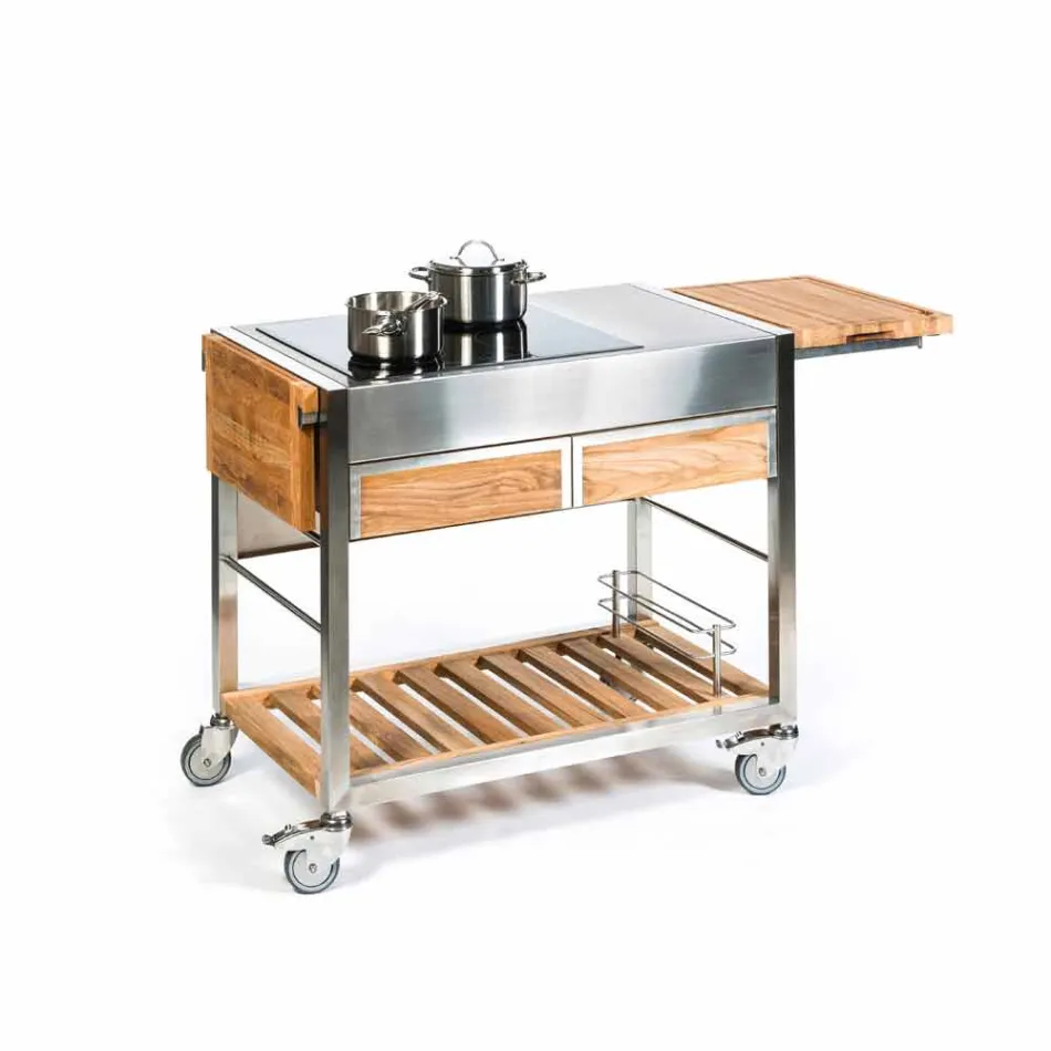 Cozinha ao ar livre moderna com rodas de madeira e aço - Buoncalliope Viadurini