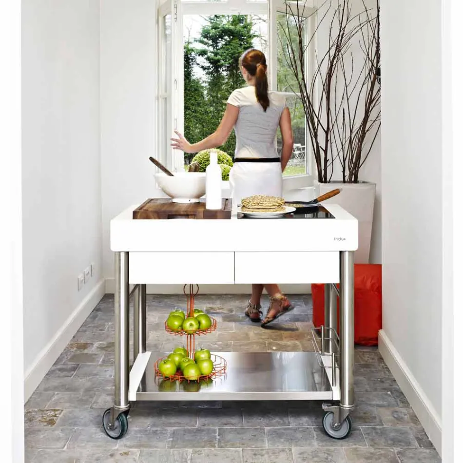 Cozinha moderna sobre rodas para jardim ao ar livre em madeira e aço - Calliope Viadurini